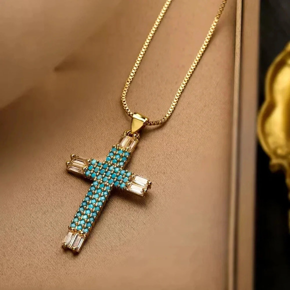 Anthropologie Jewelry - Maria Turquoise Cross Crystal Gold Necklace